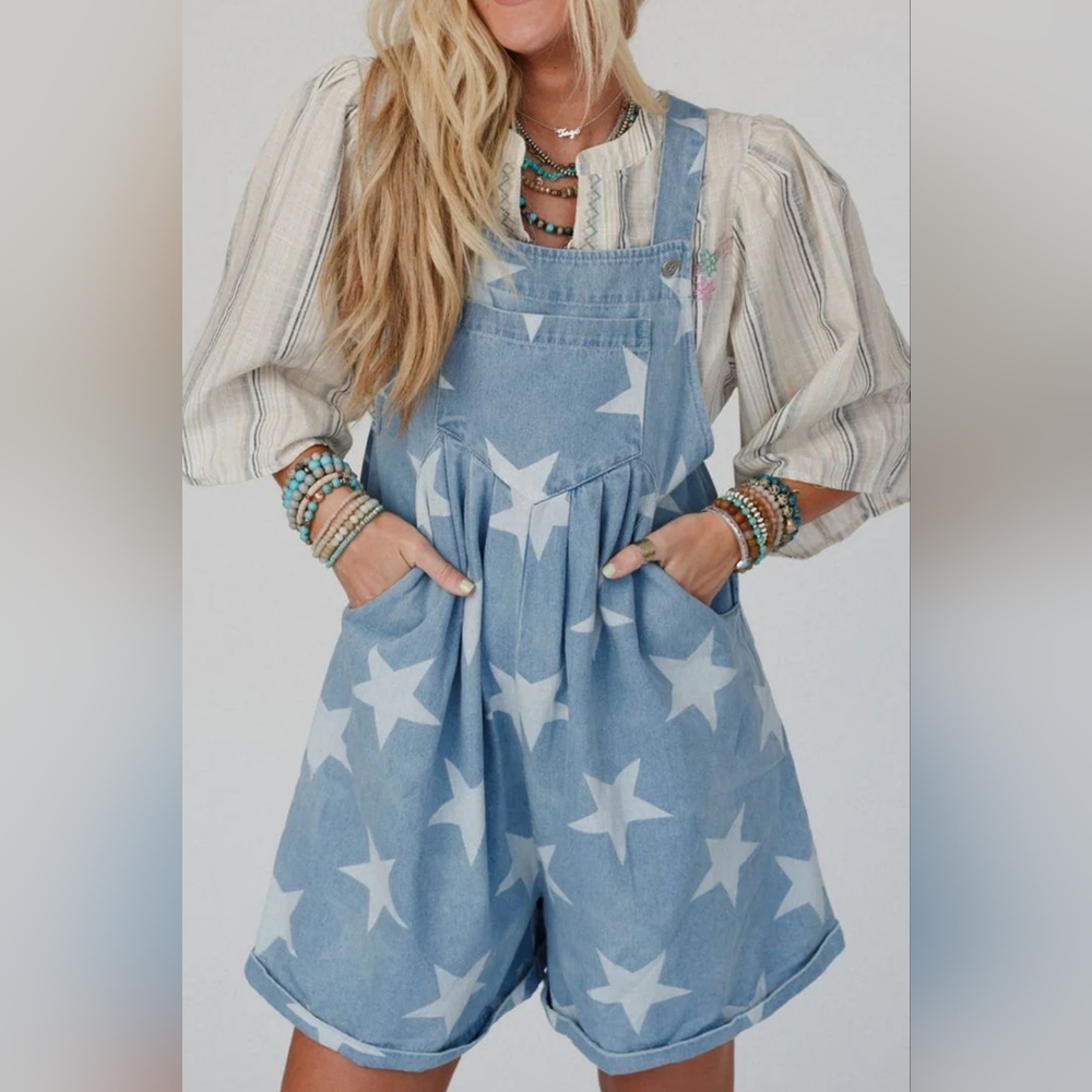 Star Print Square Neck Denim Overalls